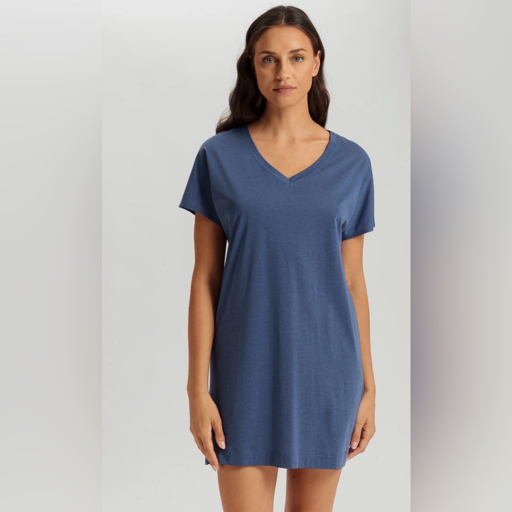 Hanro Laura cotton modal blend V-Neck slate Blue Women's sleep big shirt Top